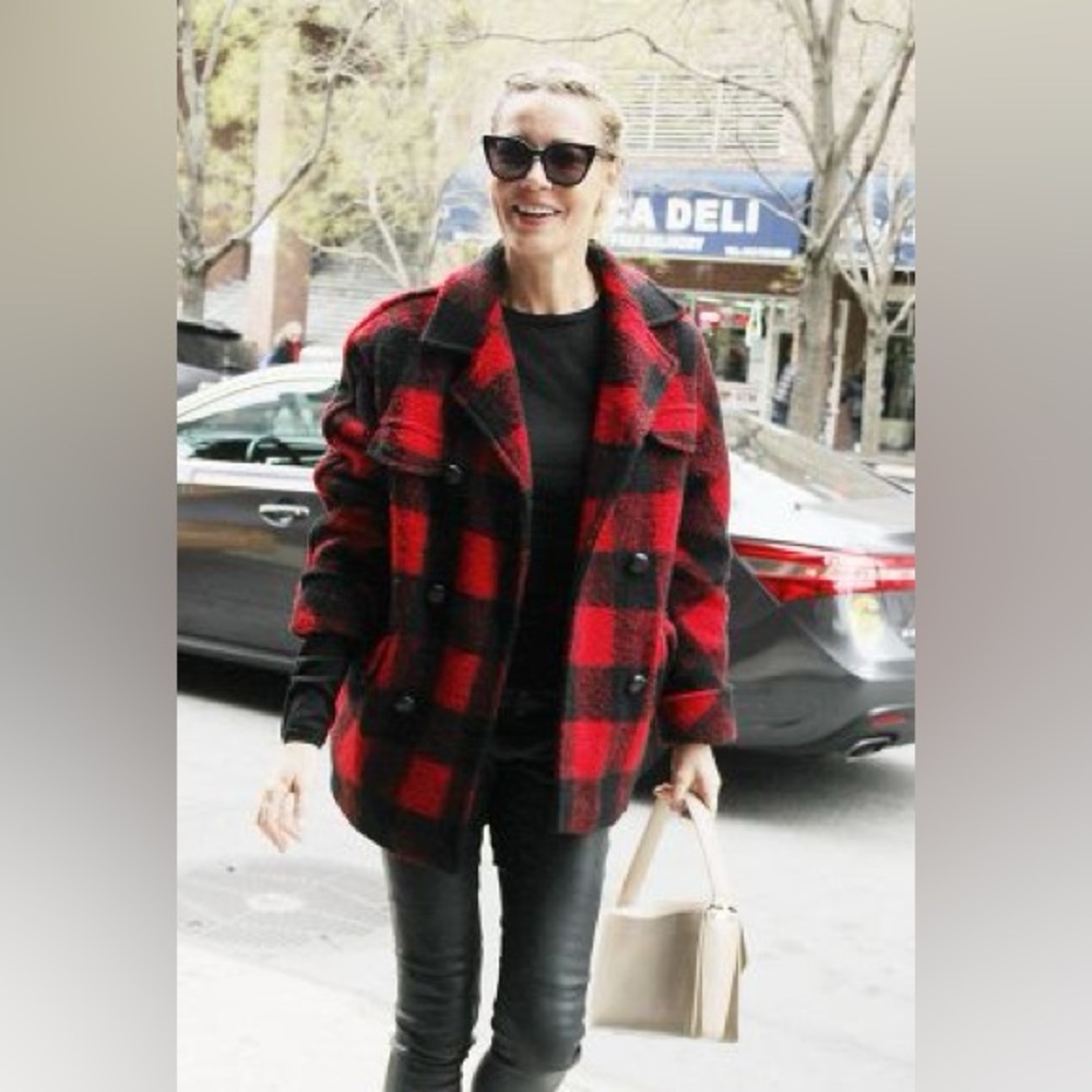 Mackage Wool & Leather Plaid Checkered Red and Black Coat Medium